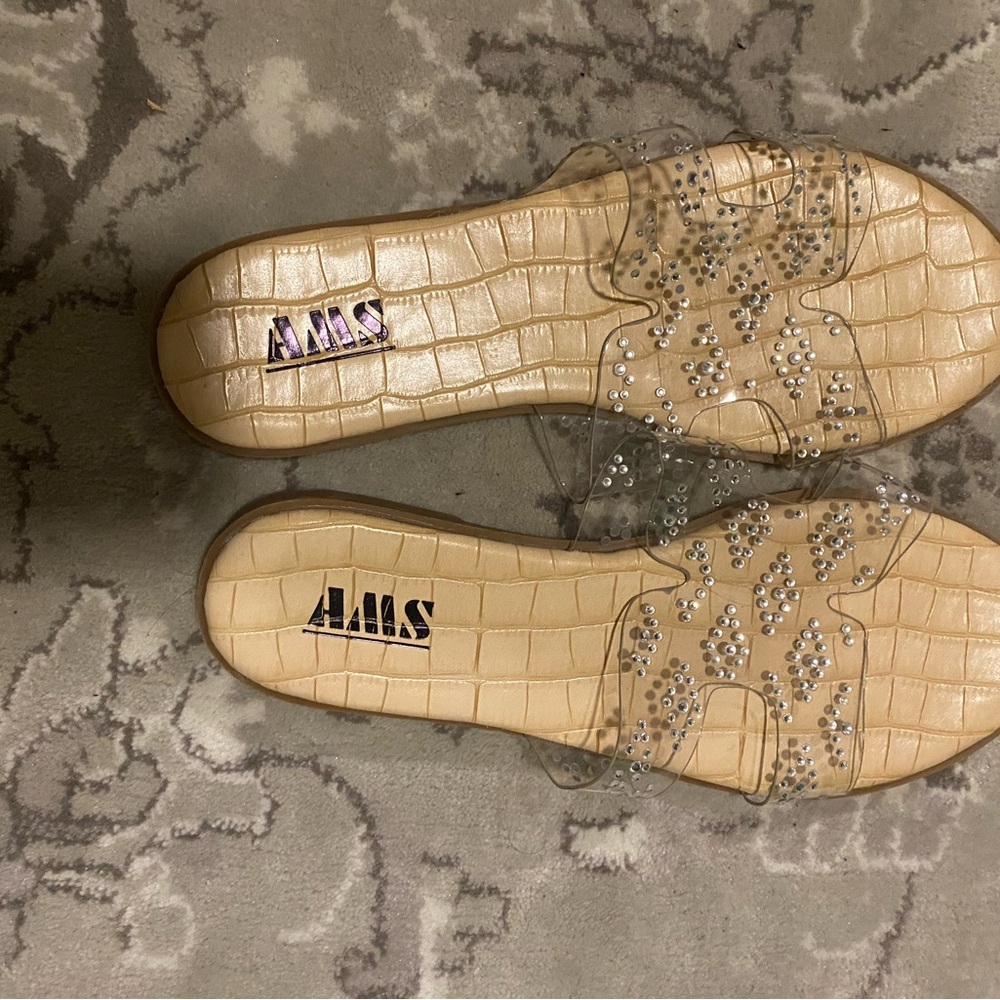 AMS Women's Beige Embellished Slide Sandals